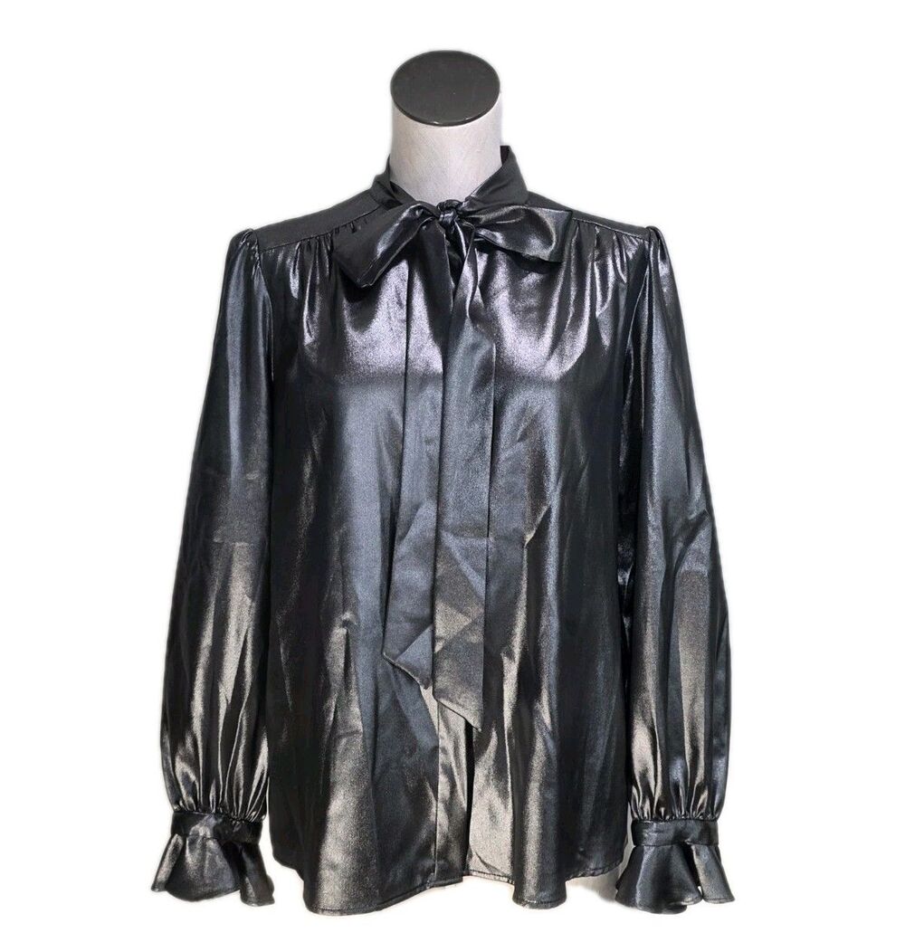 Preston & York Metallic Carbon Steel Gray Button Front Tie Dressy Blouse Size 6